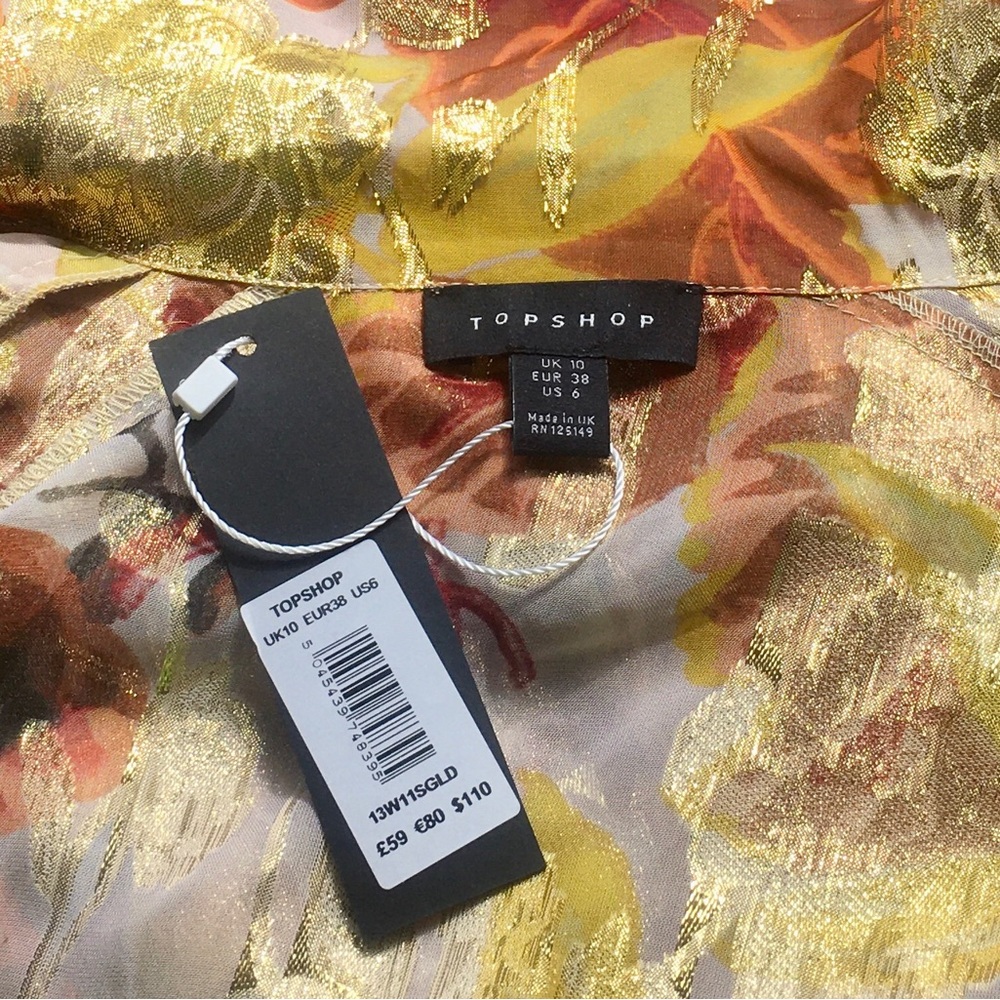 TOPSHOP orange metallic gold sheer short sleeve collared tunic Unique split back - Picture 12 of 14
